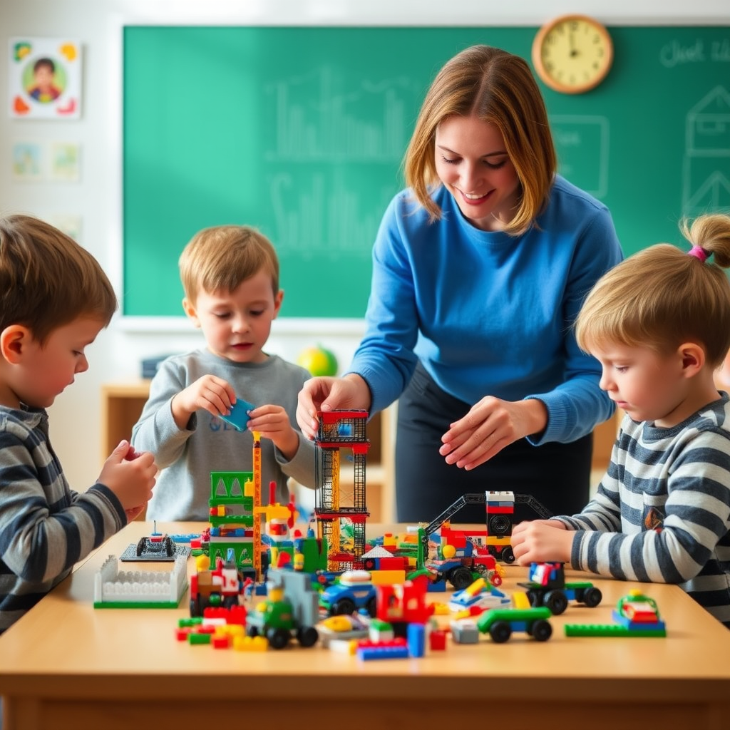 Lapset rakentavat yhdessä LEGO-rakennussarjoja opettajan ohjauksessa luokkahuoneessa
