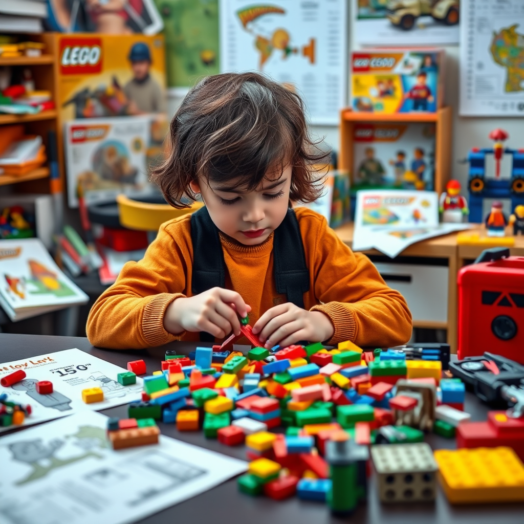 Aloitteleva rakentaja tutkii LEGO-palikoita työpöydällä, ympärillä rakennusohjeita, työkaluja sekä värikkäitä rakennussarjoja inspiroivassa oppimisympäristössä