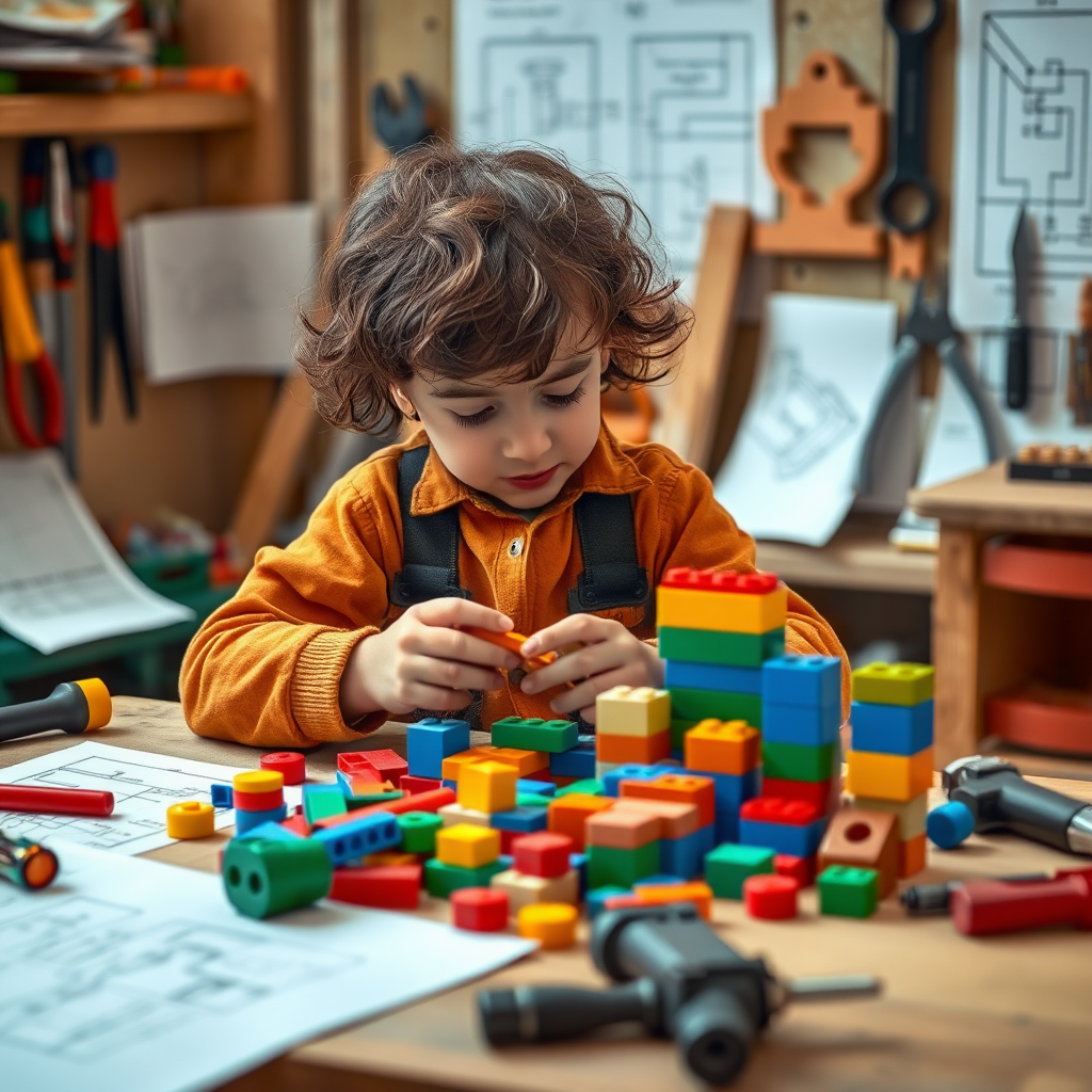 Aloitteleva rakentaja tutkii värikkäitä rakennuspalikoita työpöydällä, ympärillä työkaluja ja suunnittelupiirustuksia