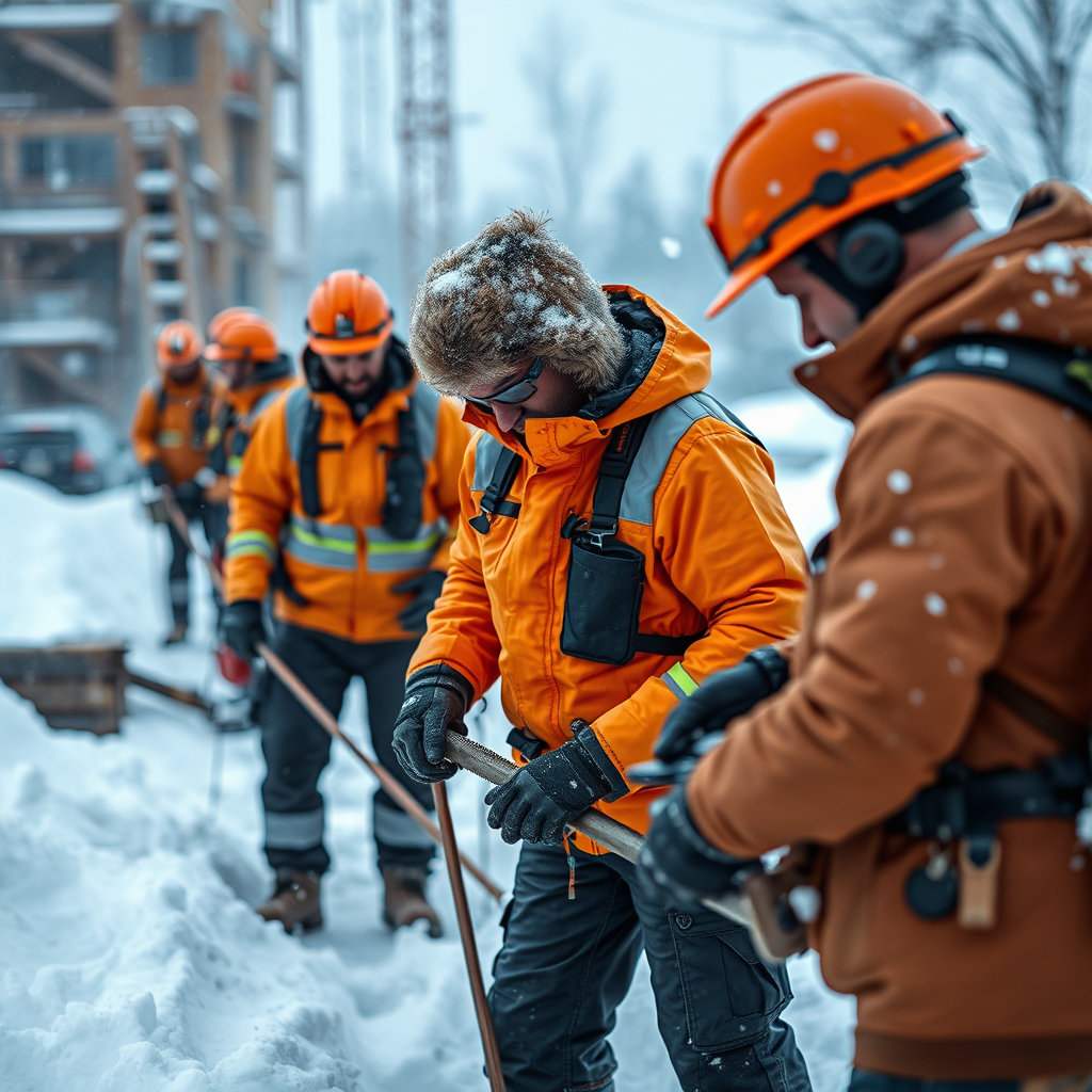 Rakentajat työskentelevät lumisessa ympäristössä talvella, käyttäen lämpösuojavaatteita ja erikoistyökaluja kylmässä säässä