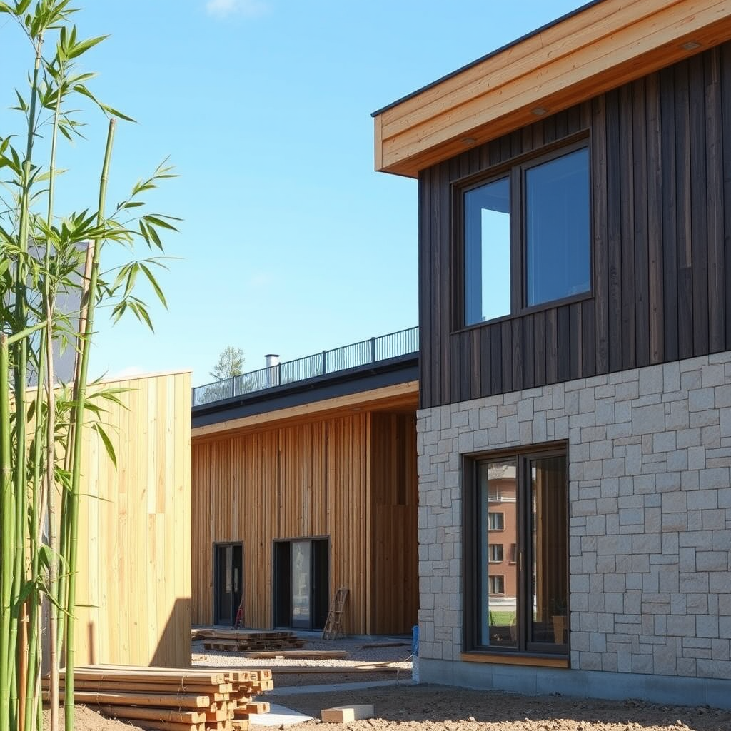 Ympäristöystävällisiä rakennusmateriaaleja kuten bambua, kierrätettyä puuta ja luonnonkiveä rakennustyömaalla Suomessa