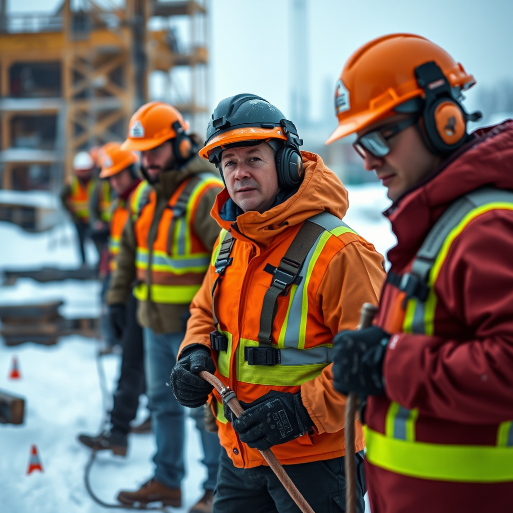 Rakennustyöntekijöitä talvivaatteissa turvakypärät päässä, työskentelemässä lumisella rakennustyömaalla turvallisesti