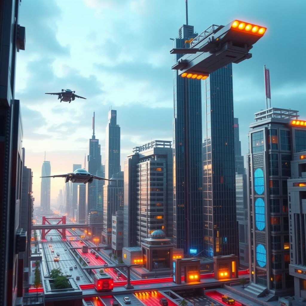 Moderni futuristinen kaupunki LEGO-palikoista, sisältää pilvenpiirtäjiä, lentäviä ajoneuvoja ja LED-valaistusta