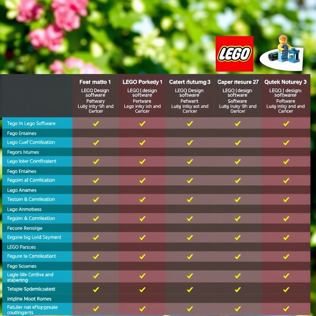 Selkeä vertailutaulukko, jossa näkyy eri LEGO-suunnitteluohjelmistojen ominaisuudet rinnakkain. Taulukossa on värikkäitä sarakkeita ja rivejä, jotka havainnollistavat ohjelmistojen eroja ja yhtäläisyyksiä