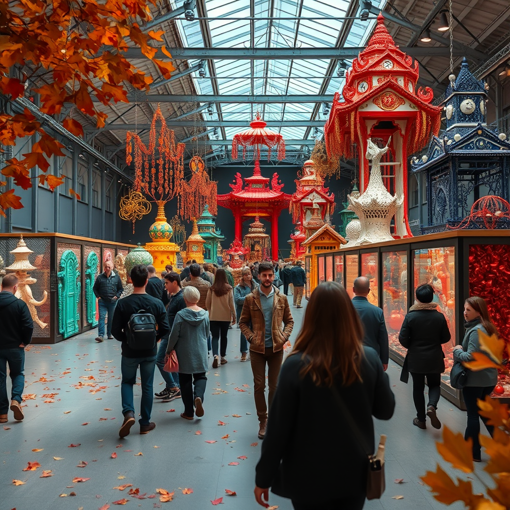 Näyttely upeiden rakennelmien kanssa, ihmiset ihailevat värikkäitä luomuksia, syksyiset lehdet koristevat tilaa